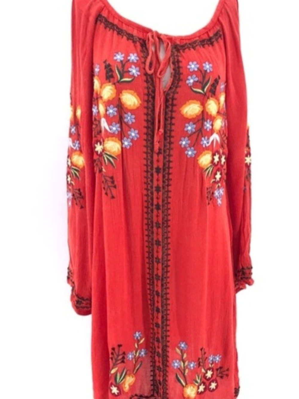 Nostalgia Red Embroidered Floral Tie-Front Dress